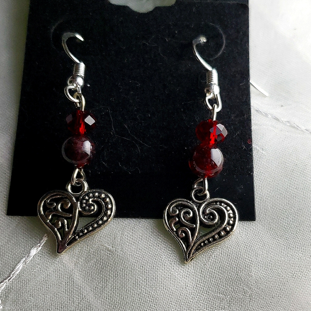 Garnet & Red Crystal Silver Heart Earrings